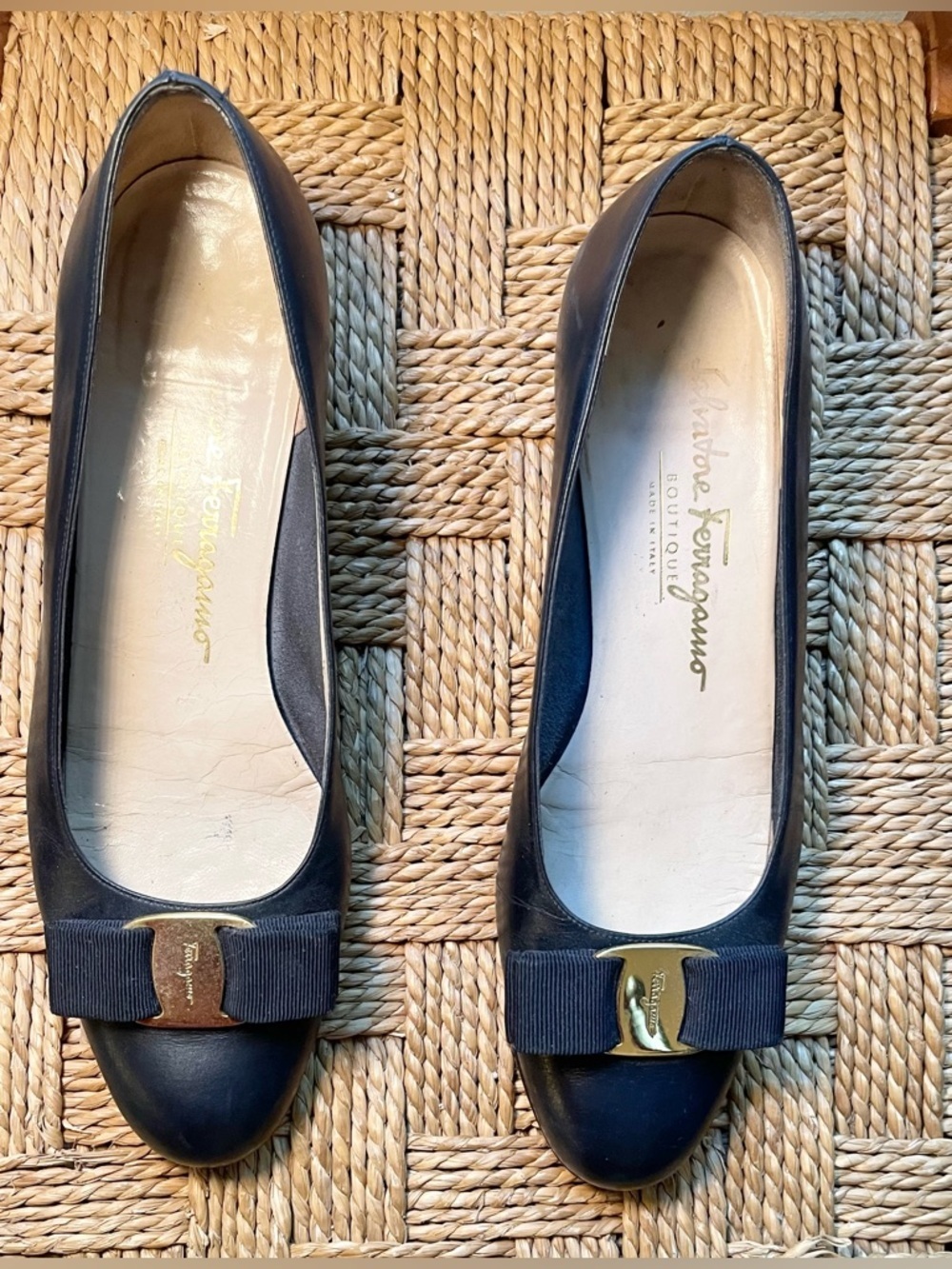 Blue Salvatore Ferragamo Vera Pump with Bow and Logo Detail
